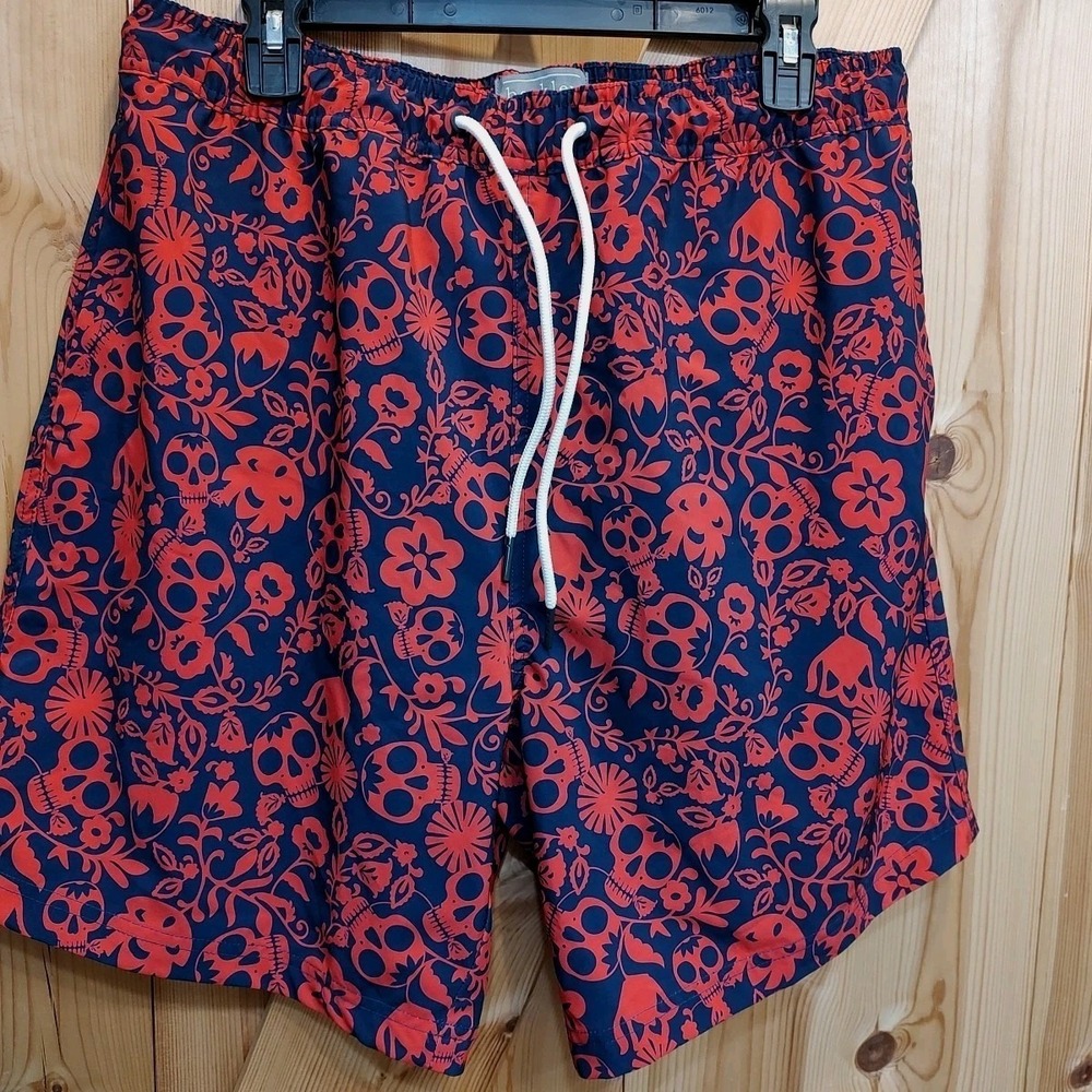 Berkley Jensen‎ Mens Swim Shorts Red Blue Skull Drawstring Sz Large Floral Lined
